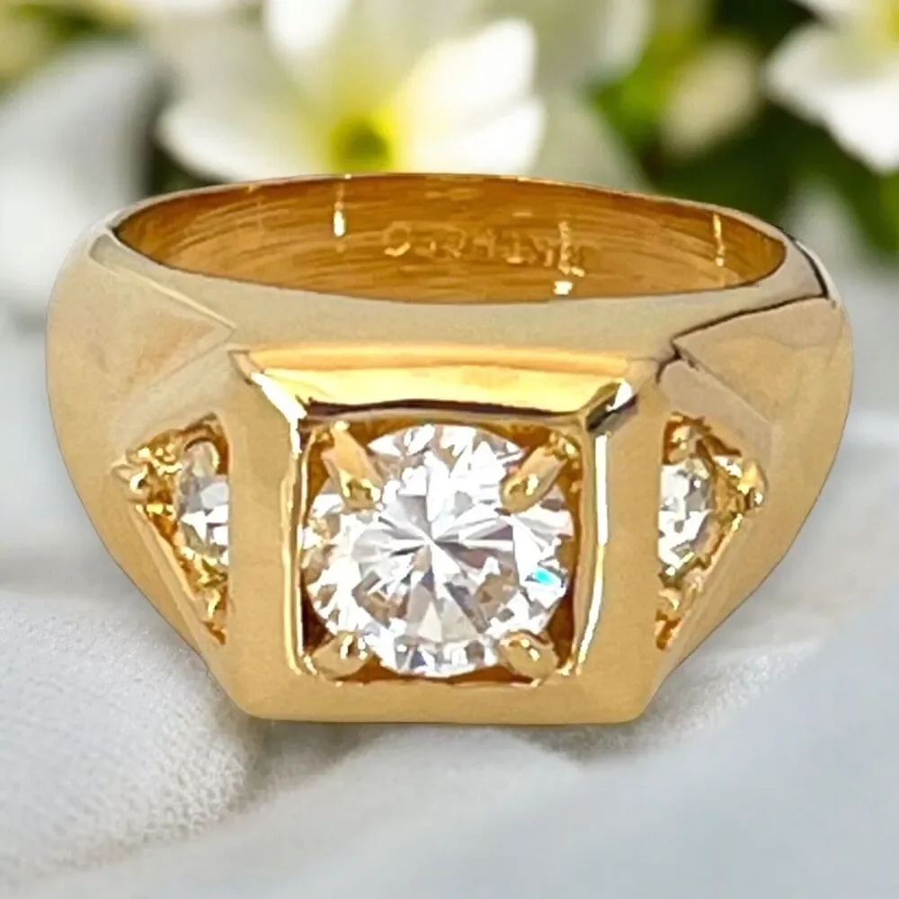 Vintage 1970s Ring Size 13 CZ Square Prong Set Gold Plated Band - 14O
